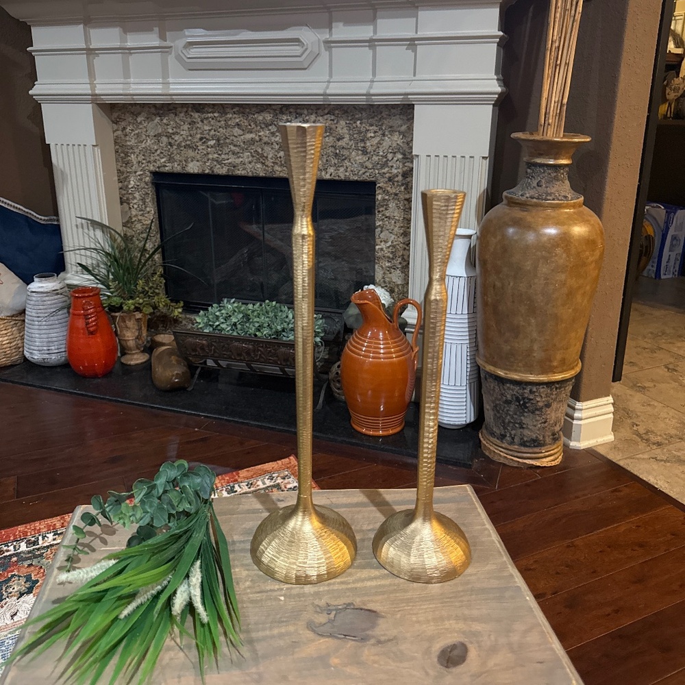 2 warm & textured antique brass finish rustic look Tvisa candle holders
